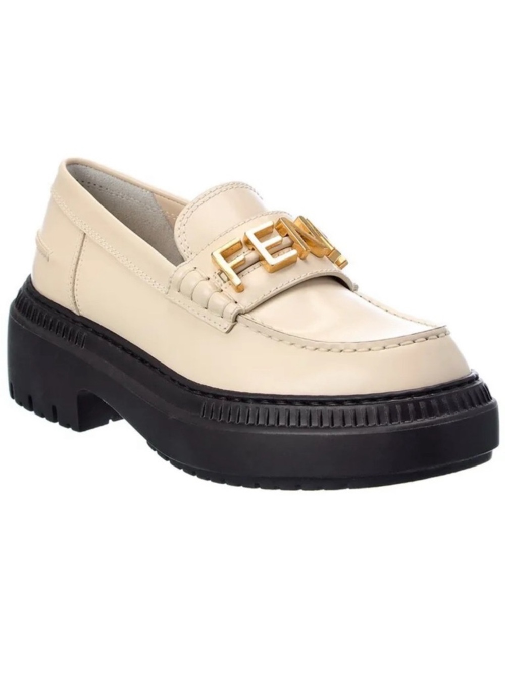 Fendi Cream Leather Platform Loafer with Gold Logo